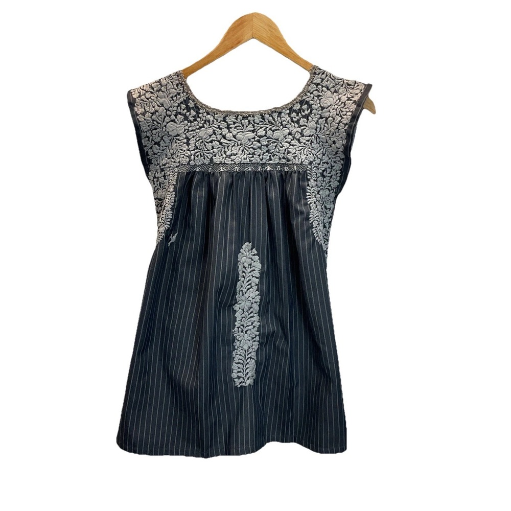 Mi Golondrina Black Tunic with White Floral Embroidery Accents